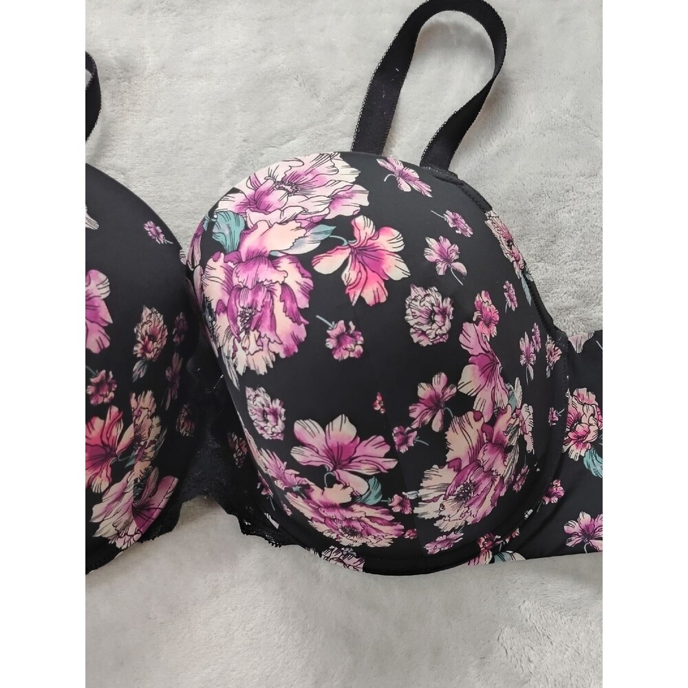Torrid Curve Perfect Coverage Black & Pink Floral Push Up Smooth Bra Size 46 C - Picture 2 of 9